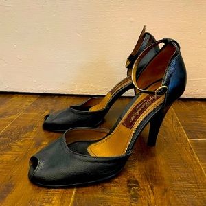 Anya Ponorovskaya black leather Pussycat Peep toe heels with ankle strap.